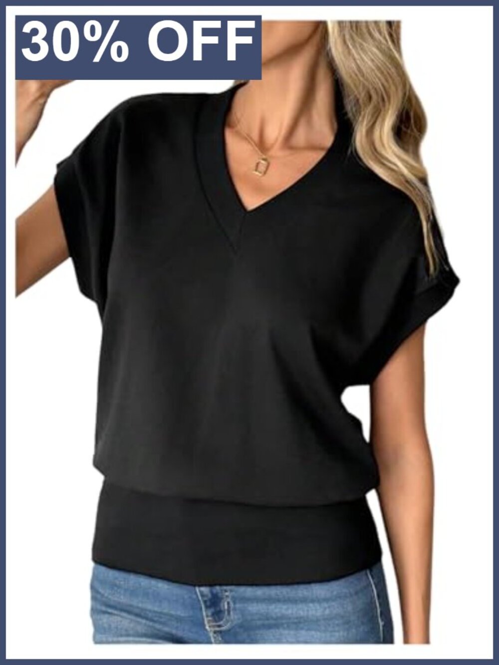 Womens V Neck Dolman Cap Sleeve Cinched Waist Business Tee